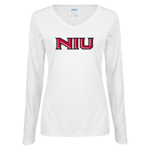  Womens White Long Sleeve V Neck Tee - NIU - Primary Wordmark