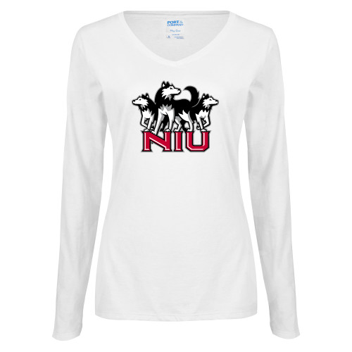  Womens White Long Sleeve V Neck Tee - NIU w Huskies