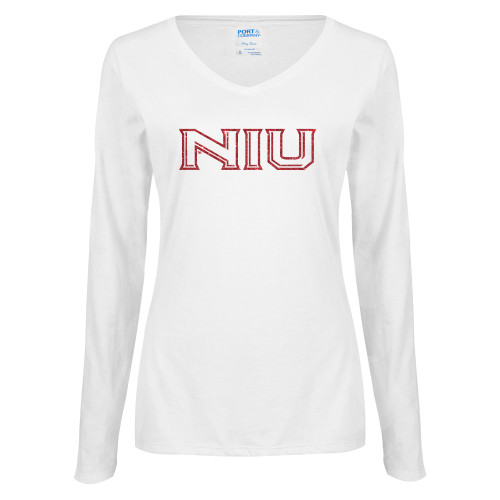  Womens White Long Sleeve V Neck Tee - N Red Glitter