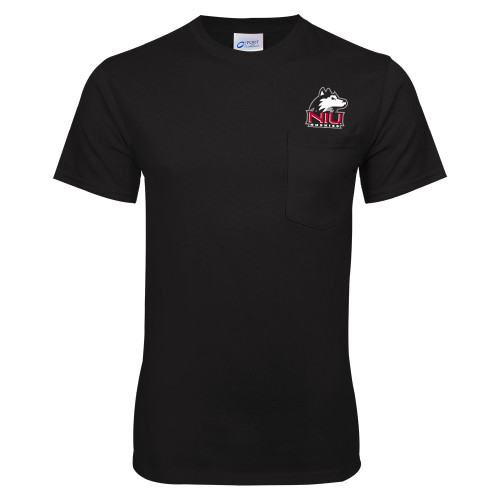  Black T Shirt w/Pocket - NIU Huskies - Primary Mark