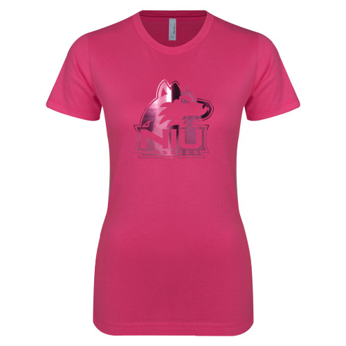  Next Level Womens Fuchsia Boyfriend Tee - NIU Huskies - Primary Mark Foil