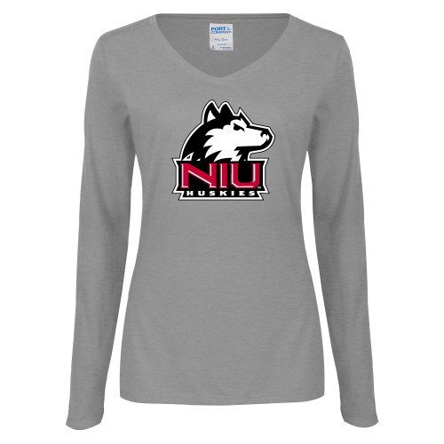  Womens Grey Long Sleeve V Neck Tee  - NIU Huskies - Primary Mark