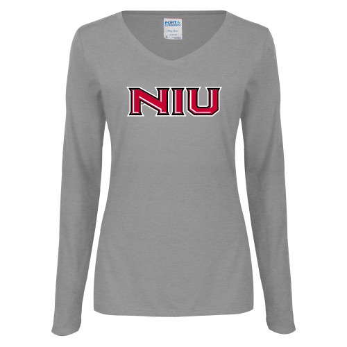  Womens Grey Long Sleeve V Neck Tee  - NIU - Primary Wordmark