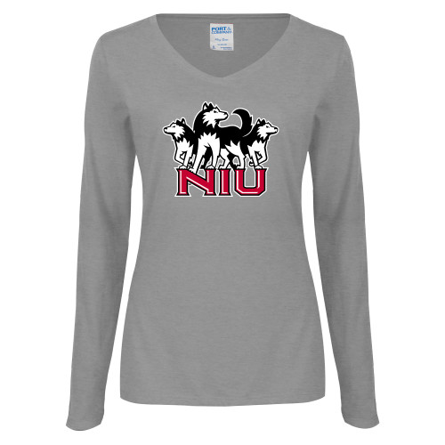  Womens Grey Long Sleeve V Neck Tee  - NIU w Huskies