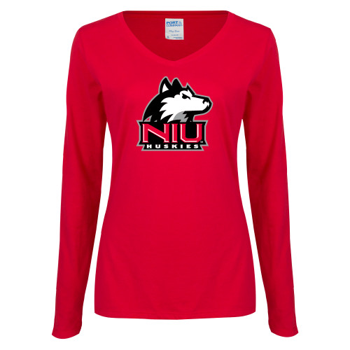  Womens Red Long Sleeve V Neck Tee  - NIU Huskies - Primary Mark