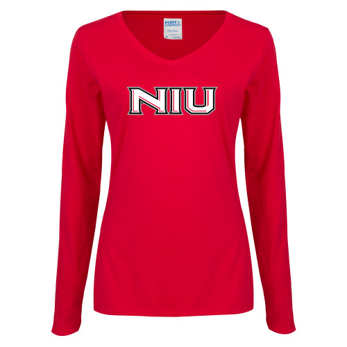  Womens Red Long Sleeve V Neck Tee  - NIU - Primary Wordmark