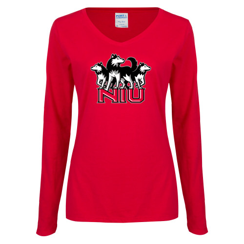  Womens Red Long Sleeve V Neck Tee  - NIU w Huskies