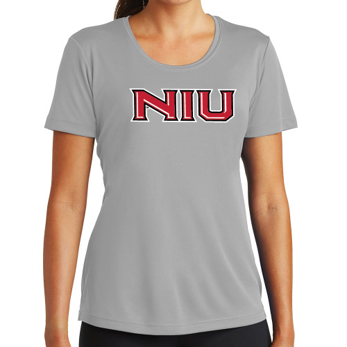  Womens Grey Performance Short Sleeve Tee - NIU - Primary Wordmark