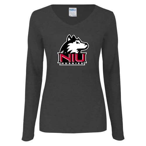  Womens Dark Heather Long Sleeve V Neck Tee  - NIU Huskies - Primary Mark