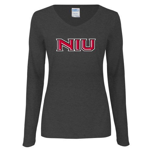  Womens Dark Heather Long Sleeve V Neck Tee  - NIU - Primary Wordmark