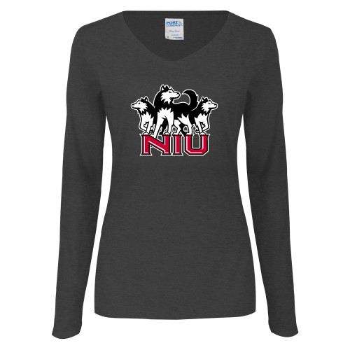  Womens Dark Heather Long Sleeve V Neck Tee  - NIU w Huskies