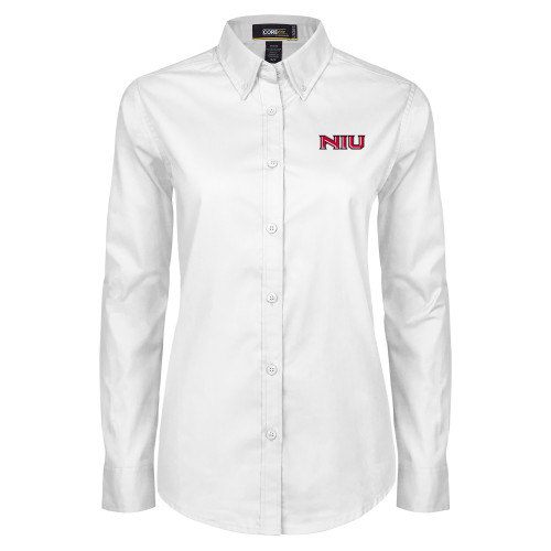  Womens White Twill Button Down Long Sleeve  - NIU - Primary Wordmark