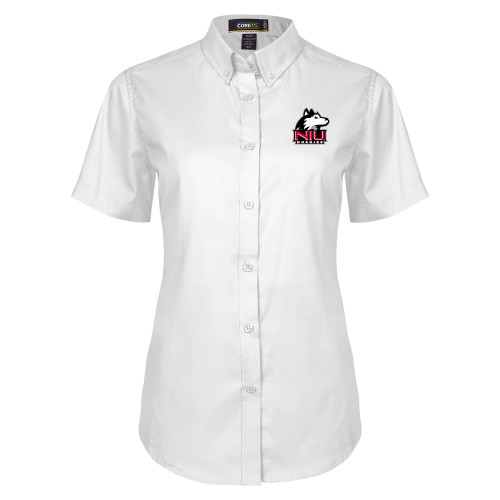  Womens White Twill Button Up Short Sleeve - NIU Huskies - Primary Mark