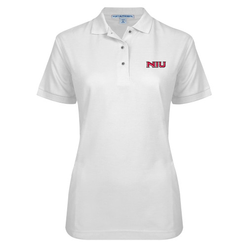  Womens Silk Touch White Pique Polo - NIU - Primary Wordmark