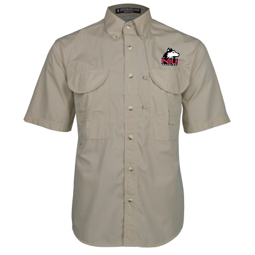  Khaki Fishing Shirt Performance Short Sleeve - NIU Huskies - Primary Mark