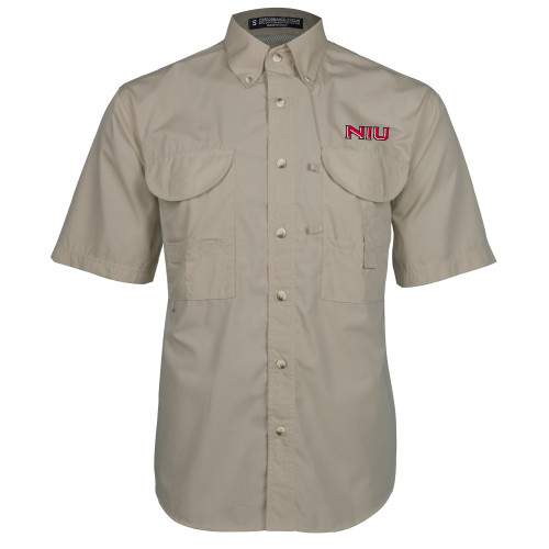  Khaki Fishing Shirt Performance Short Sleeve - NIU - Primary Wordmark