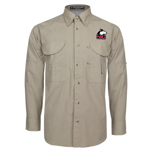  Khaki Fishing Shirt Performance Long Sleeve - NIU Huskies - Primary Mark