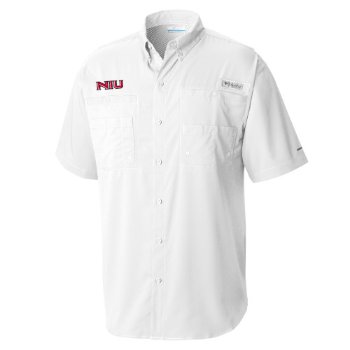  Columbia White Tamiami Performance Short Sleeve Shirt - NIU - Primary Wordmark