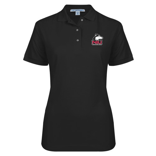  Womens Silk Touch Black Pique Polo - NIU Huskies - Primary Mark