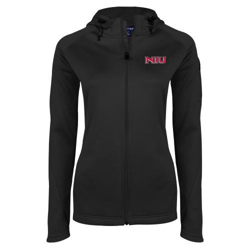  Womens Black Tech Fleece Full Zip Hooded Jacket - NIU - Primary Wordmark