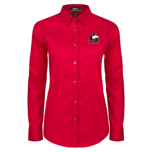  Womens Red Twill Button Down Long Sleeve  - NIU Huskies - Primary Mark