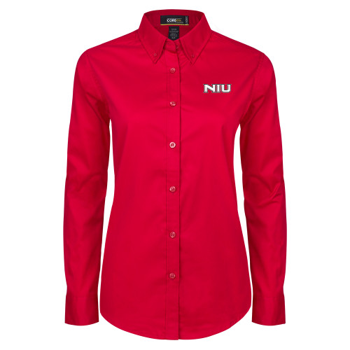  Womens Red Twill Button Down Long Sleeve  - NIU - Primary Wordmark