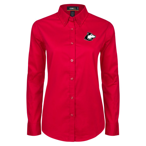  Womens Red Twill Button Down Long Sleeve  - NIU Huskie Head