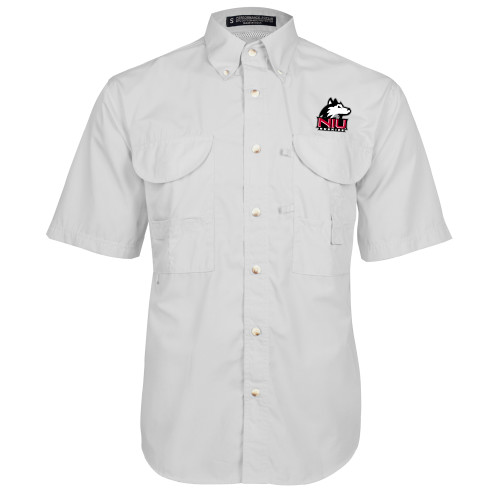  White Fishing Shirt Performance Short Sleeve - NIU Huskies - Primary Mark