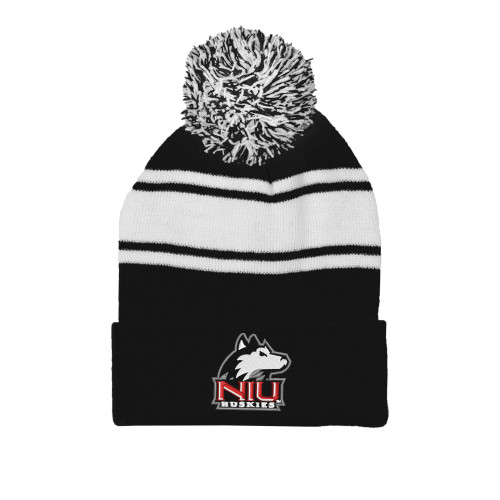  Black/White Two Tone Knit Pom Beanie w/Cuff - NIU Huskies - Primary Mark