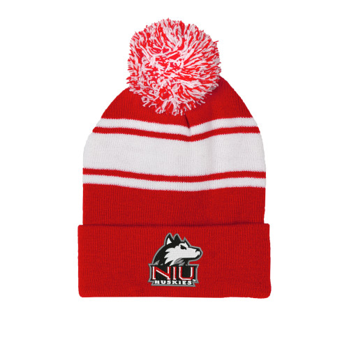  Red/White Two Tone Knit Pom Beanie w/Cuff - NIU Huskies - Primary Mark