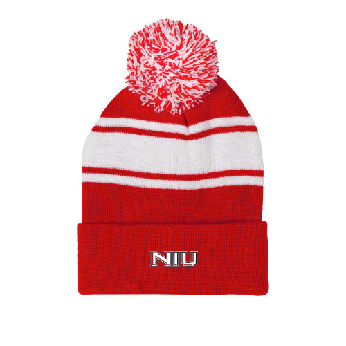  Red/White Two Tone Knit Pom Beanie w/Cuff - NIU - Primary Wordmark