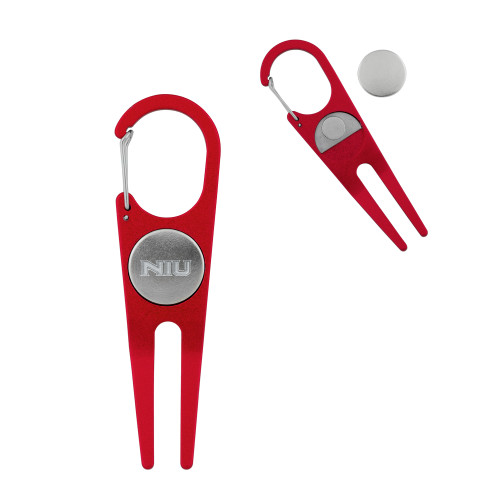  Red Aluminum Divot Tool/Ball Marker - NIU - Primary Wordmark