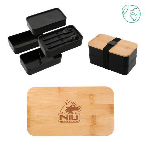  Stackable Bamboo Fiber Black Bento Box - NIU Huskies - Primary Mark