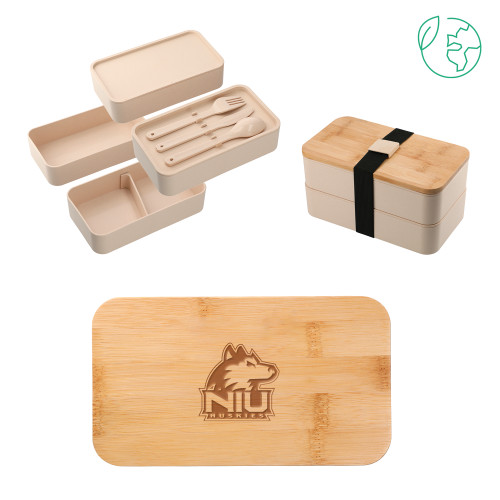  Stackable Bamboo Fiber Beige Bento Box - NIU Huskies - Primary Mark