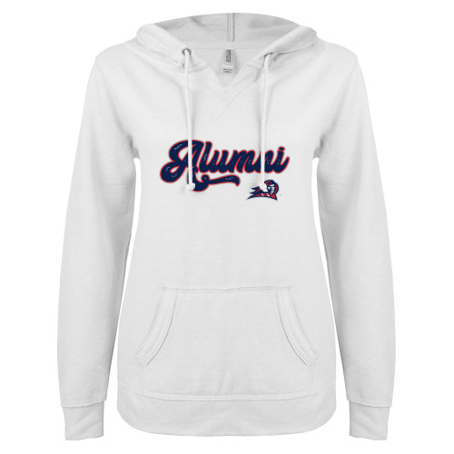  ENZA Womens White V Notch Raw Edge Fleece Hoodie - Alumni Script