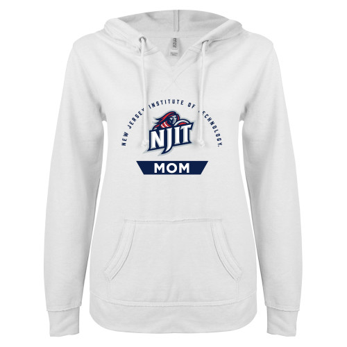  ENZA Womens White V Notch Raw Edge Fleece Hoodie - NJIT Arched - Mom