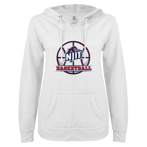  ENZA Womens White V Notch Raw Edge Fleece Hoodie - NJIT Full Basketball