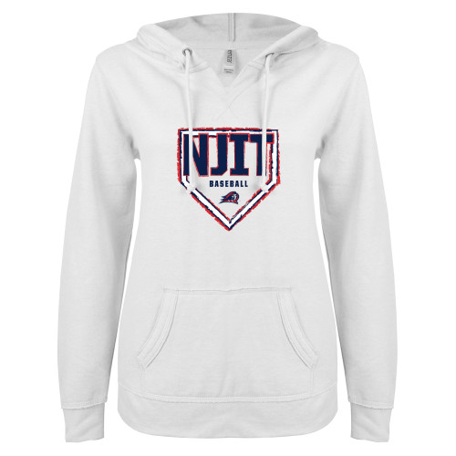  ENZA Womens White V Notch Raw Edge Fleece Hoodie - NJIT Baseball Base w Mascot