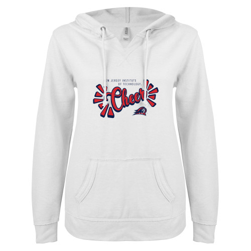  ENZA Womens White V Notch Raw Edge Fleece Hoodie - New Jersey Institute Cheer