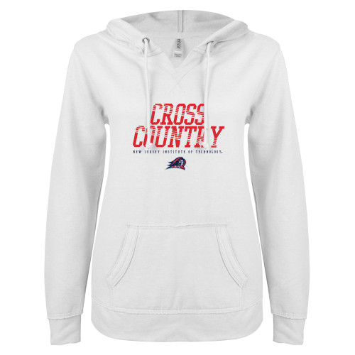  ENZA Womens White V Notch Raw Edge Fleece Hoodie - New Jersey Institute Cross Country Rays