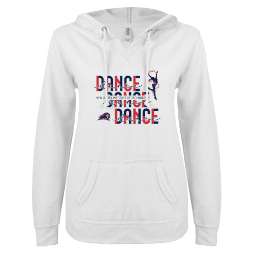  ENZA Womens White V Notch Raw Edge Fleece Hoodie - New Jersey Institute Dance Repeat