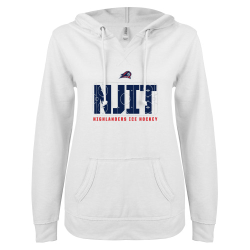  ENZA Womens White V Notch Raw Edge Fleece Hoodie - NJIT Highlanders Ice Hockey