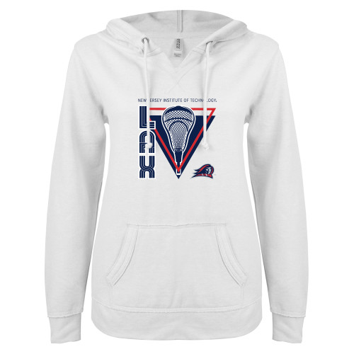  ENZA Womens White V Notch Raw Edge Fleece Hoodie - New Jersey Institute LAX