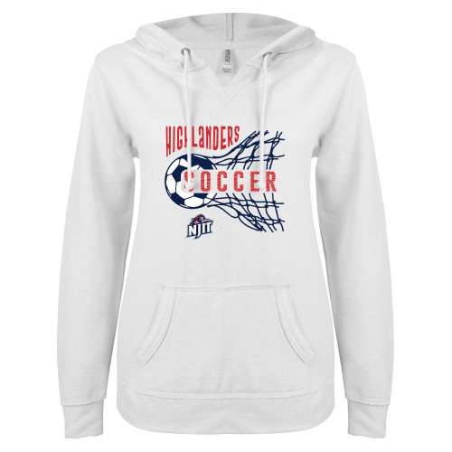  ENZA Womens White V Notch Raw Edge Fleece Hoodie - Highlanders Soccer