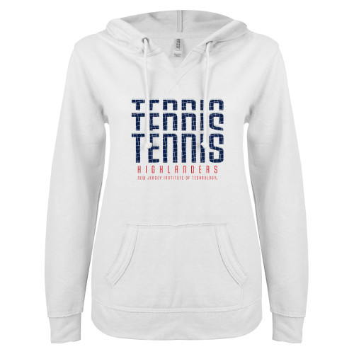  ENZA Womens White V Notch Raw Edge Fleece Hoodie - Highlanders Tennis Repeat