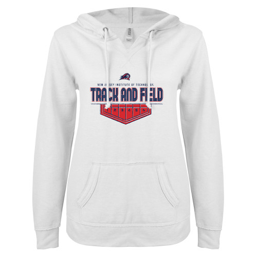  ENZA Womens White V Notch Raw Edge Fleece Hoodie - New Jersey Institute Track and Field
