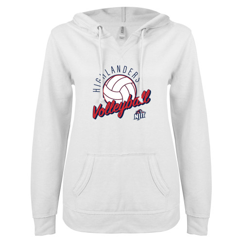  ENZA Womens White V Notch Raw Edge Fleece Hoodie - Highlanders Volleyball Script
