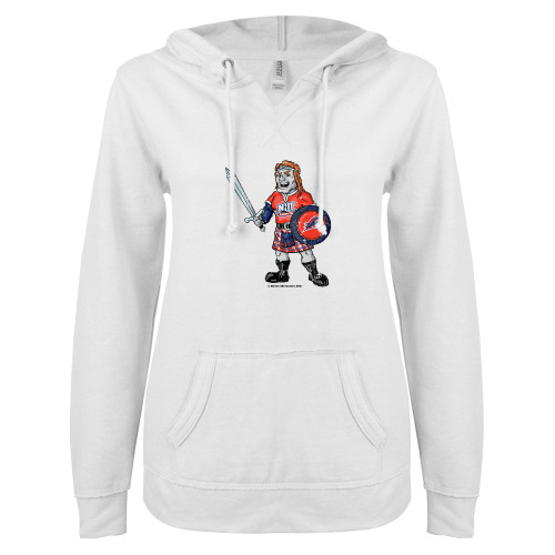  ENZA Womens White V Notch Raw Edge Fleece Hoodie - NJIT Mascot Distressed