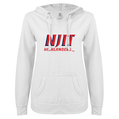  ENZA Womens White V Notch Raw Edge Fleece Hoodie - NJIT Highlanders Stacked