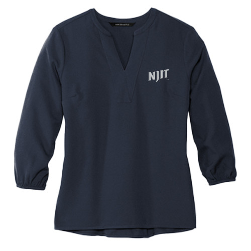  Mercer + Mettle Womens Navy 3/4 Sleeve Crepe Blouse - NJIT Wordmark